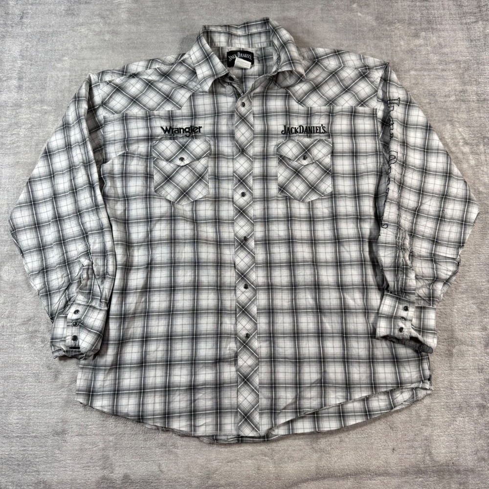 Wrangler Shirt Mens XL Grey Plaid Jack Daniels Western Pearl Snap Old No 7 Logo